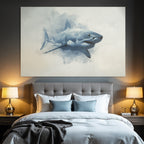 Stylized representation of a shark with painterly background