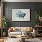 Stylized representation of a shark with painterly background