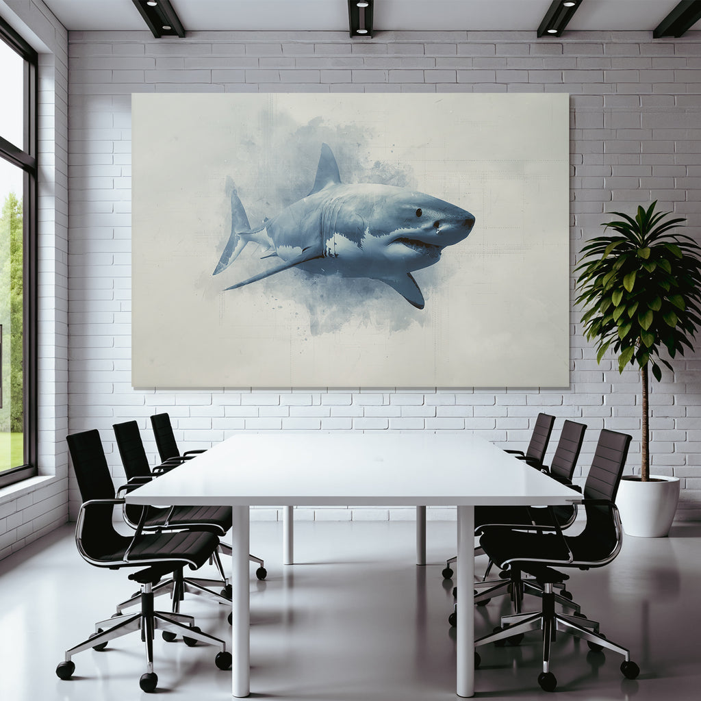 Stylized representation of a shark with painterly background