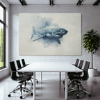 Stylized representation of a shark with painterly background