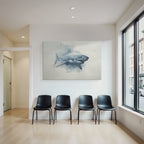Stylized representation of a shark with painterly background