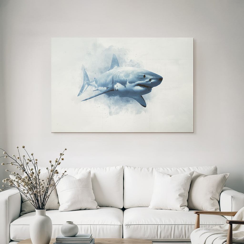 Stylized representation of a shark with painterly background