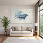 Stylized representation of a shark with painterly background