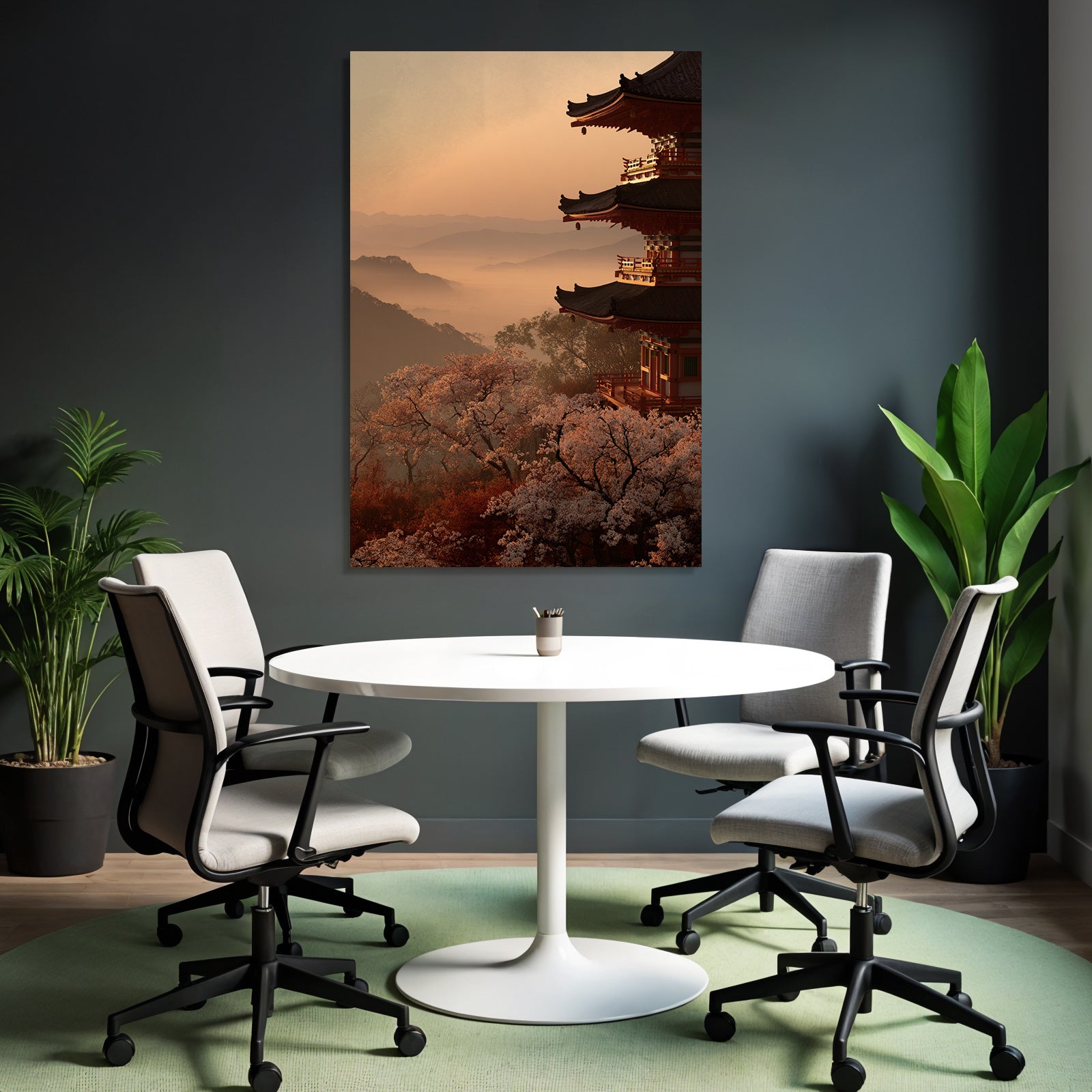 Friedliche Landschaft Bei Sonnenuntergang Mit Pagode Und Kirschblüten