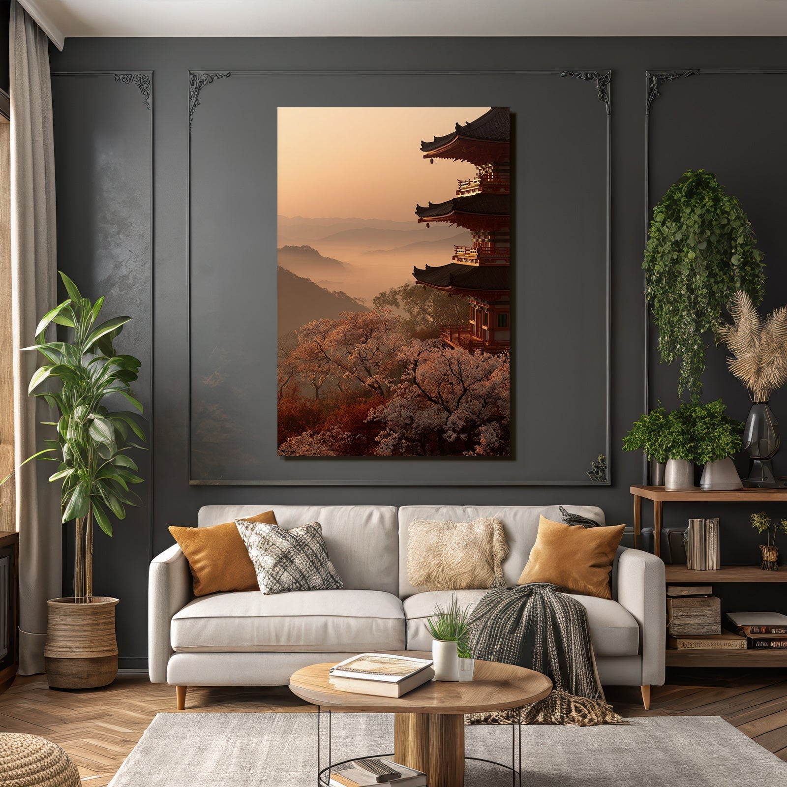 Friedliche Landschaft Bei Sonnenuntergang Mit Pagode Und Kirschblüten
