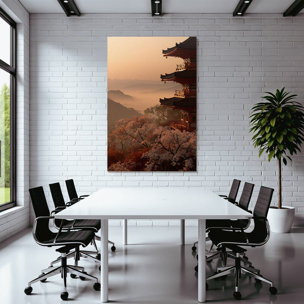 Friedliche Landschaft Bei Sonnenuntergang Mit Pagode Und Kirschblüten