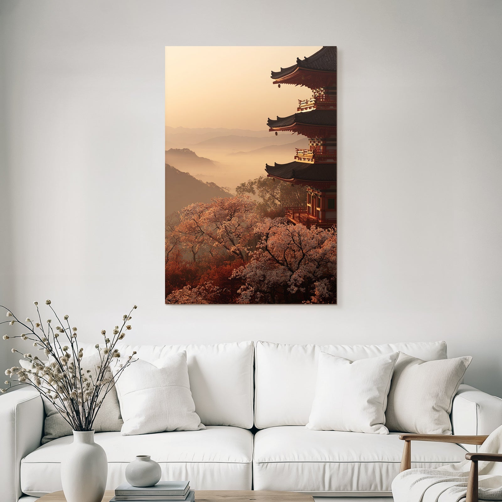 Friedliche Landschaft Bei Sonnenuntergang Mit Pagode Und Kirschblüten