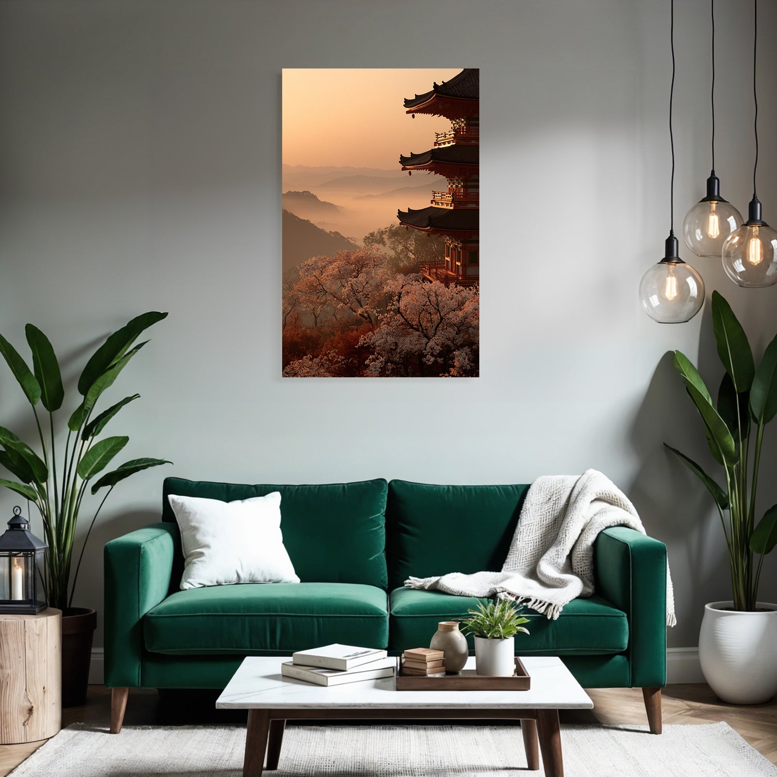 Friedliche Landschaft Bei Sonnenuntergang Mit Pagode Und Kirschblüten