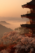 Friedliche Landschaft Bei Sonnenuntergang Mit Pagode Und Kirschblüten | Asien | Laender und Reisen