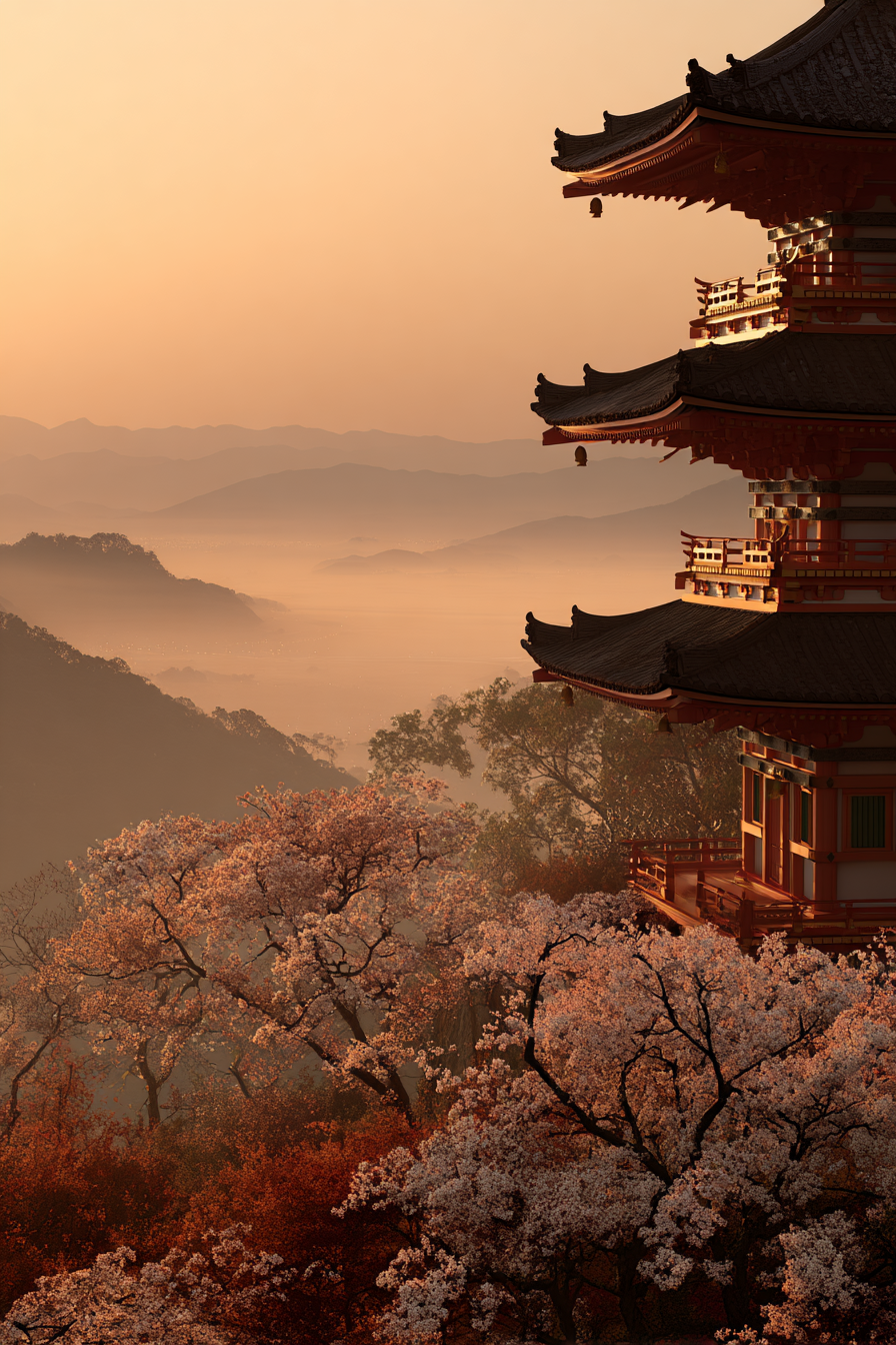 Friedliche Landschaft Bei Sonnenuntergang Mit Pagode Und Kirschblüten | Asien | Laender und Reisen