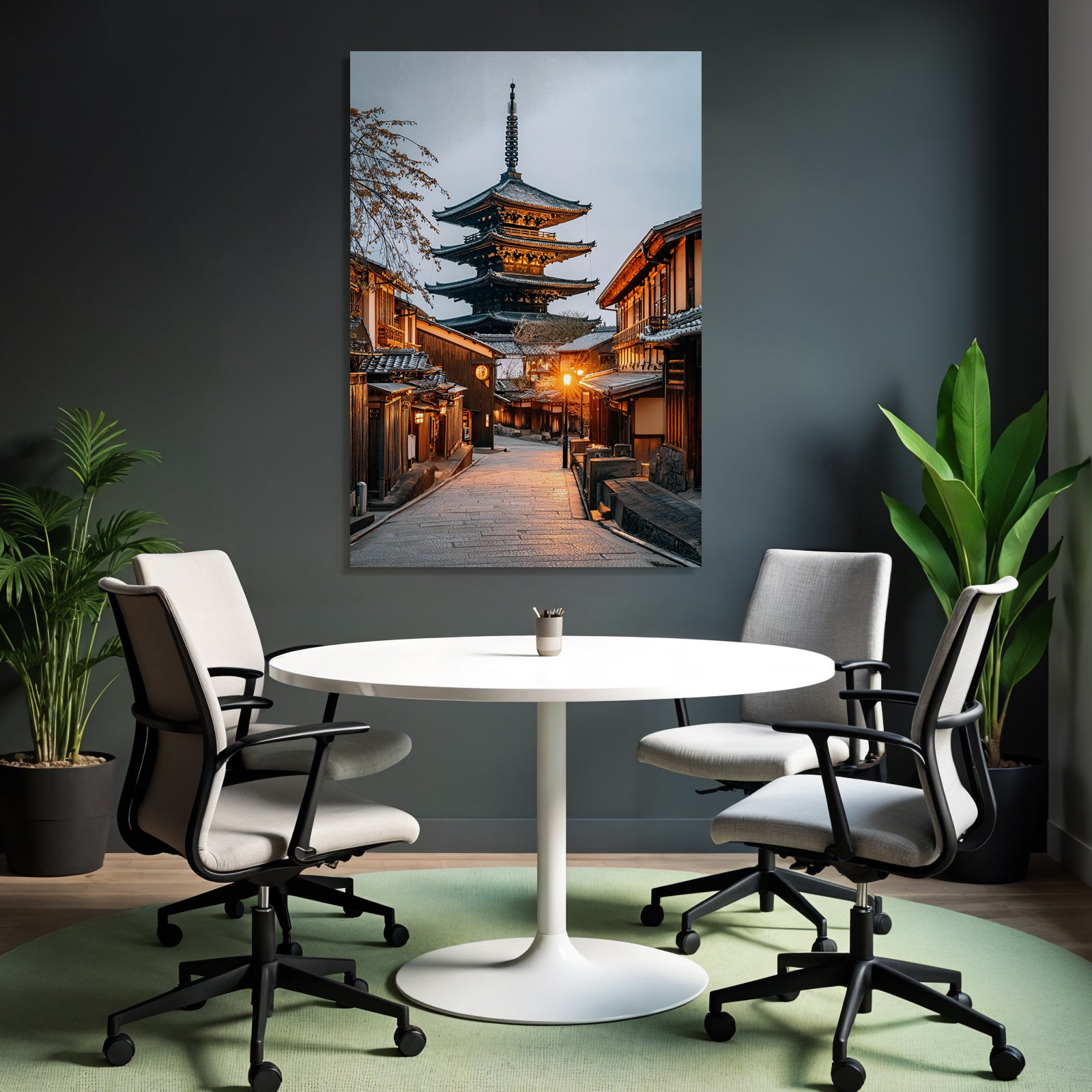 Japanische Holzstrasse Und Pagode Bei Dämmerung