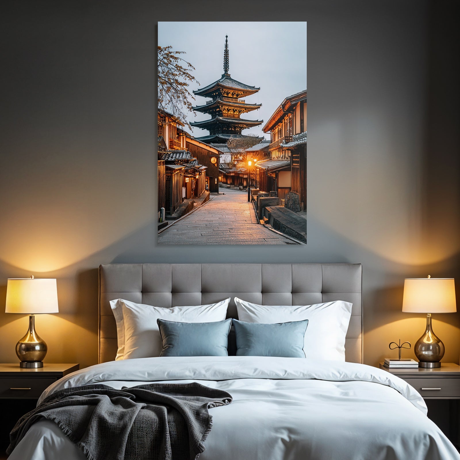 Japanische Holzstrasse Und Pagode Bei Dämmerung