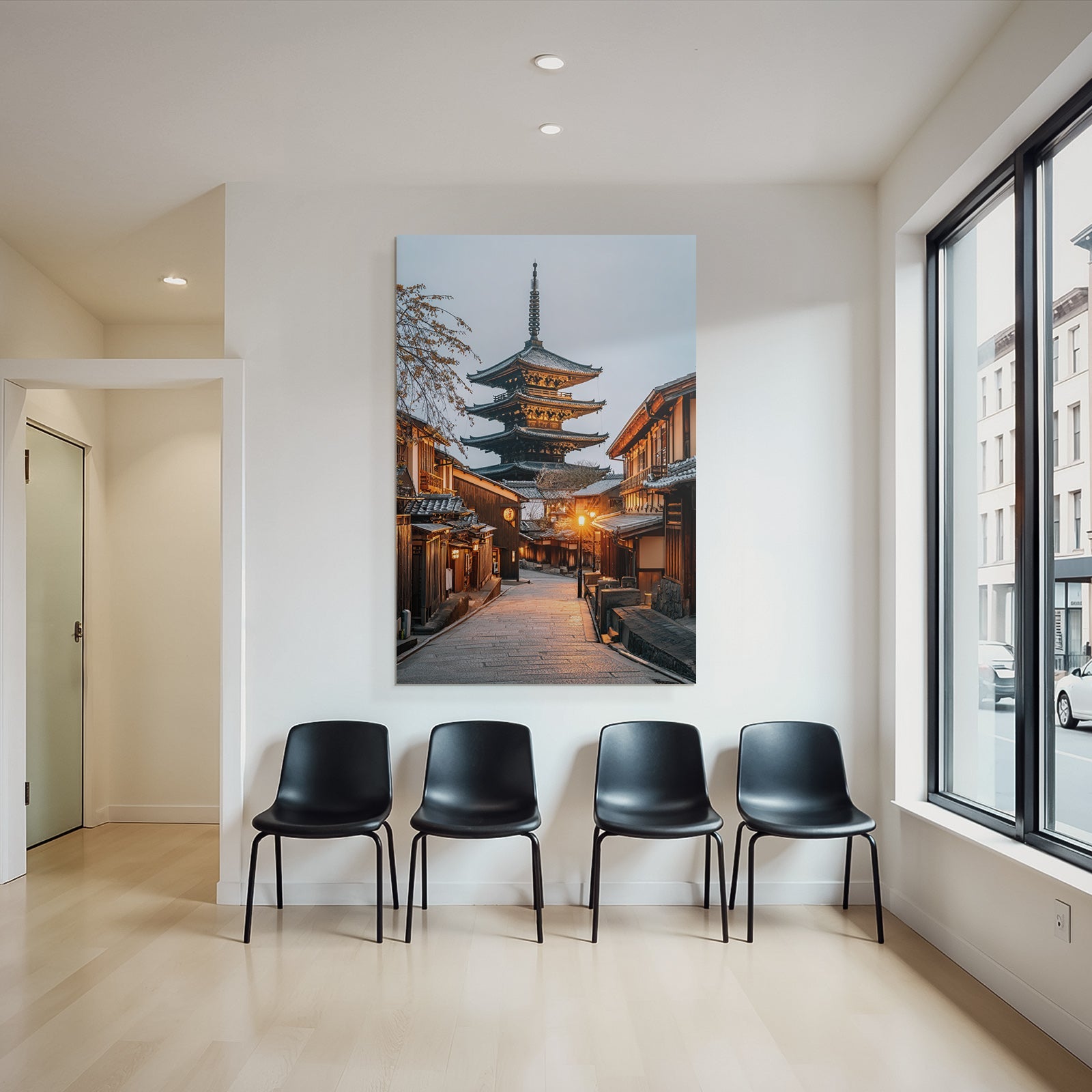 Japanische Holzstrasse Und Pagode Bei Dämmerung
