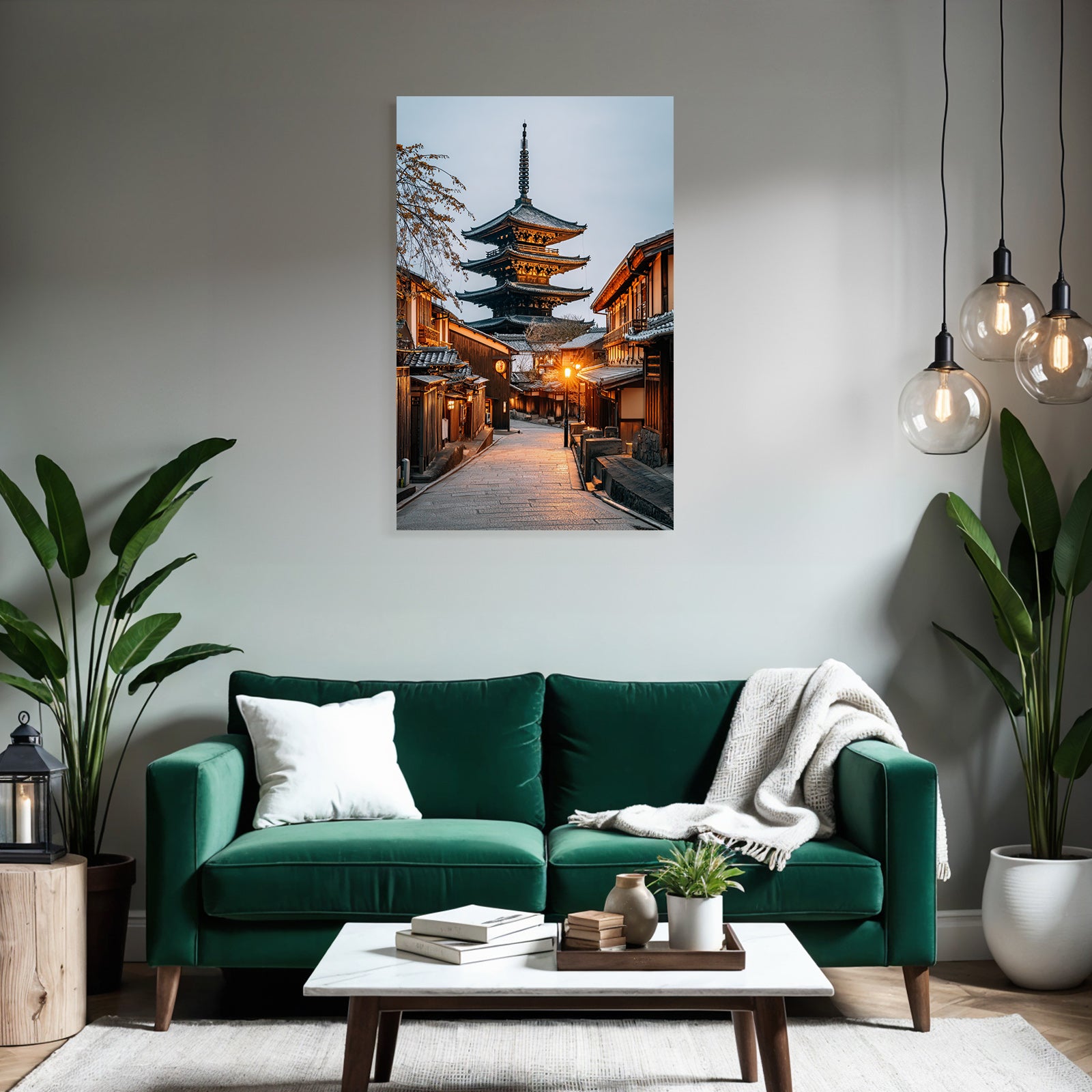 Japanische Holzstrasse Und Pagode Bei Dämmerung