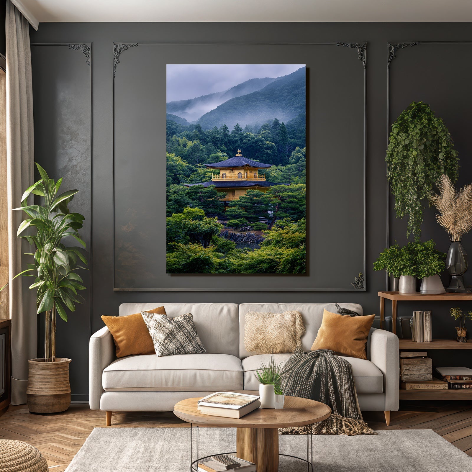 Malerische Landschaft Mit Goldener Pagode Im Morgennebel