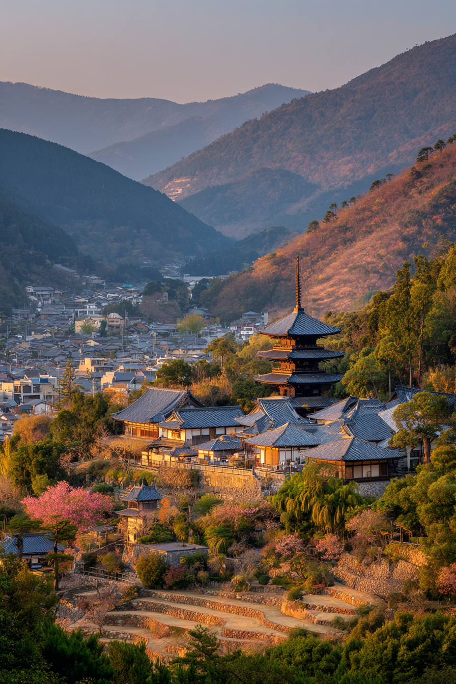 Malerische Japanische Tempelanlage In Berglandschaft Bei Sonnenaufgang | Asien | Laender und Reisen