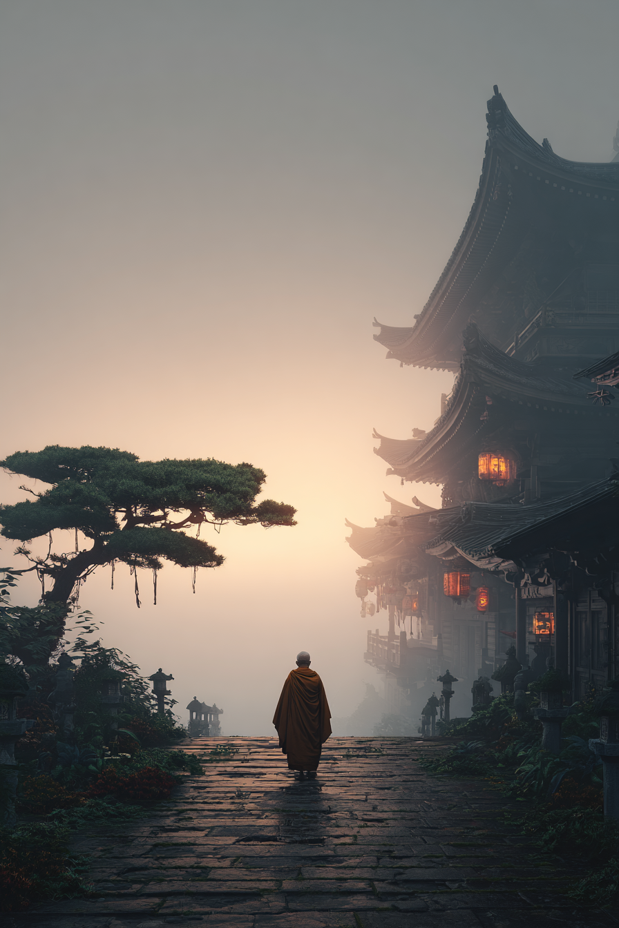 Mönch Geht Den Weg Zum Tempel Im Morgennebel | Asien | Laender und Reisen