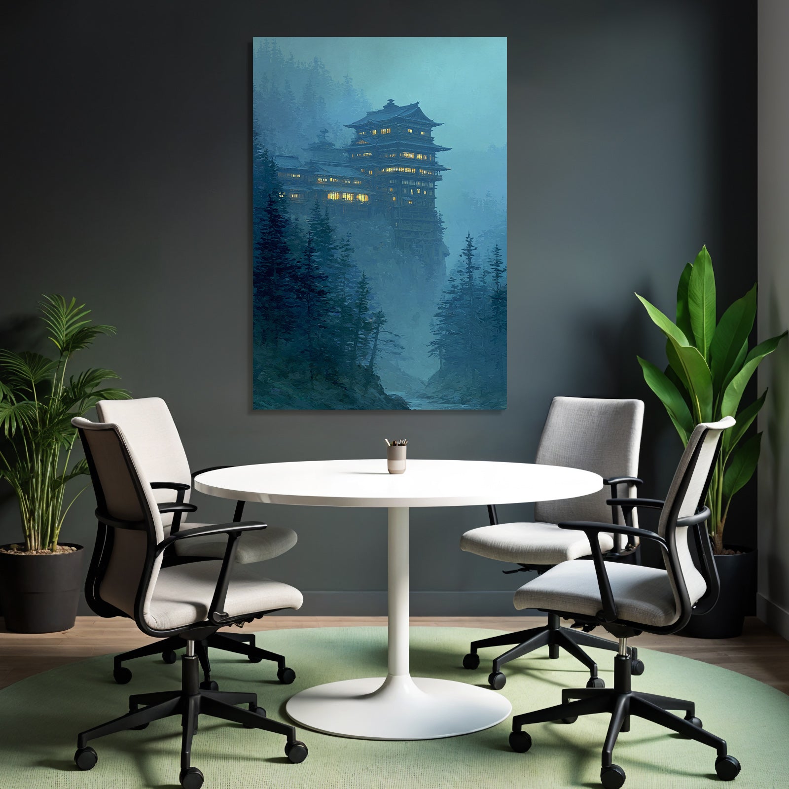 Mystische Bergklippe Mit Beleuchtetem Herrenhaus Und Nebelwald