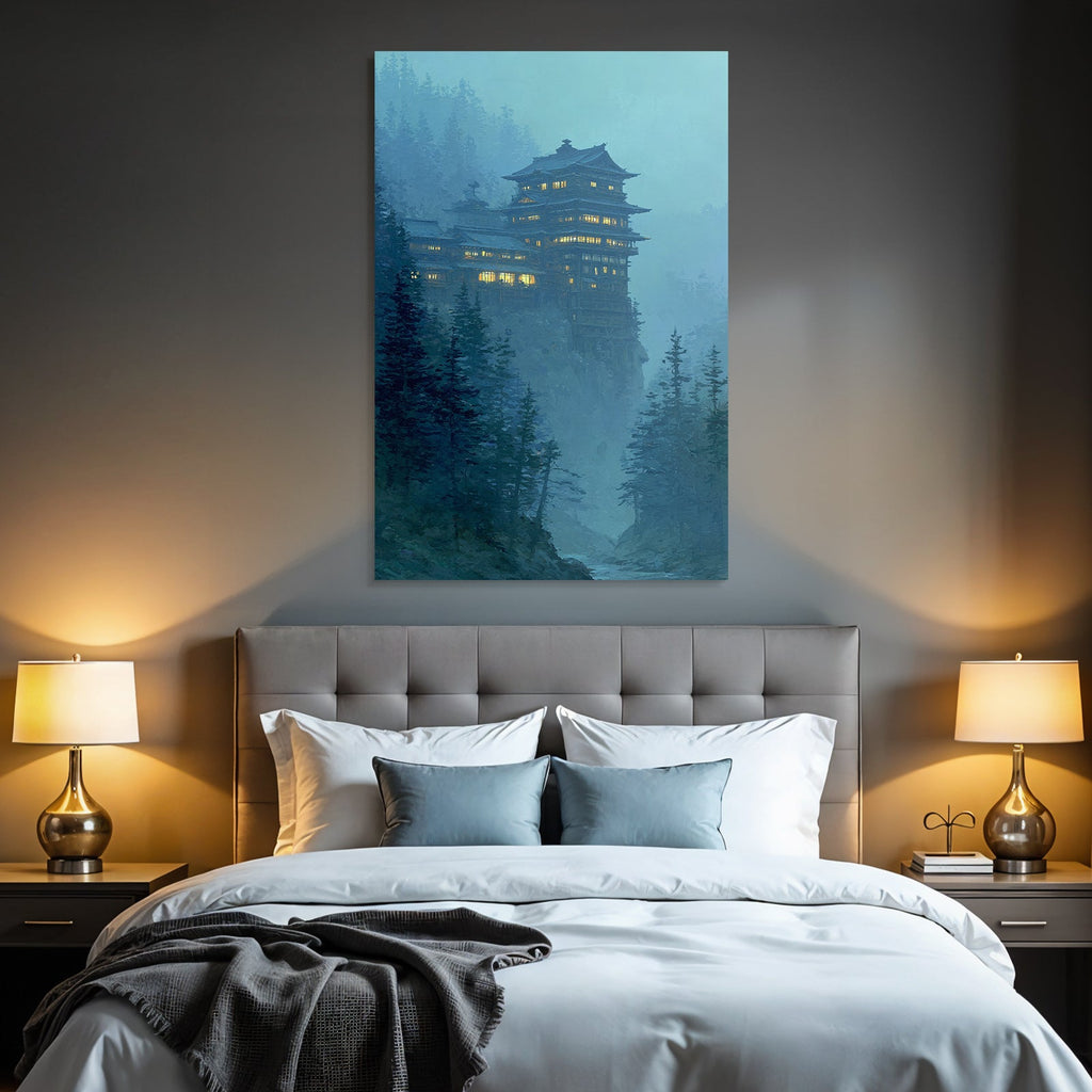 Mystische Bergklippe Mit Beleuchtetem Herrenhaus Und Nebelwald