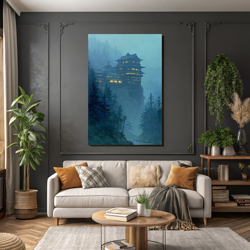 Mystische Bergklippe Mit Beleuchtetem Herrenhaus Und Nebelwald