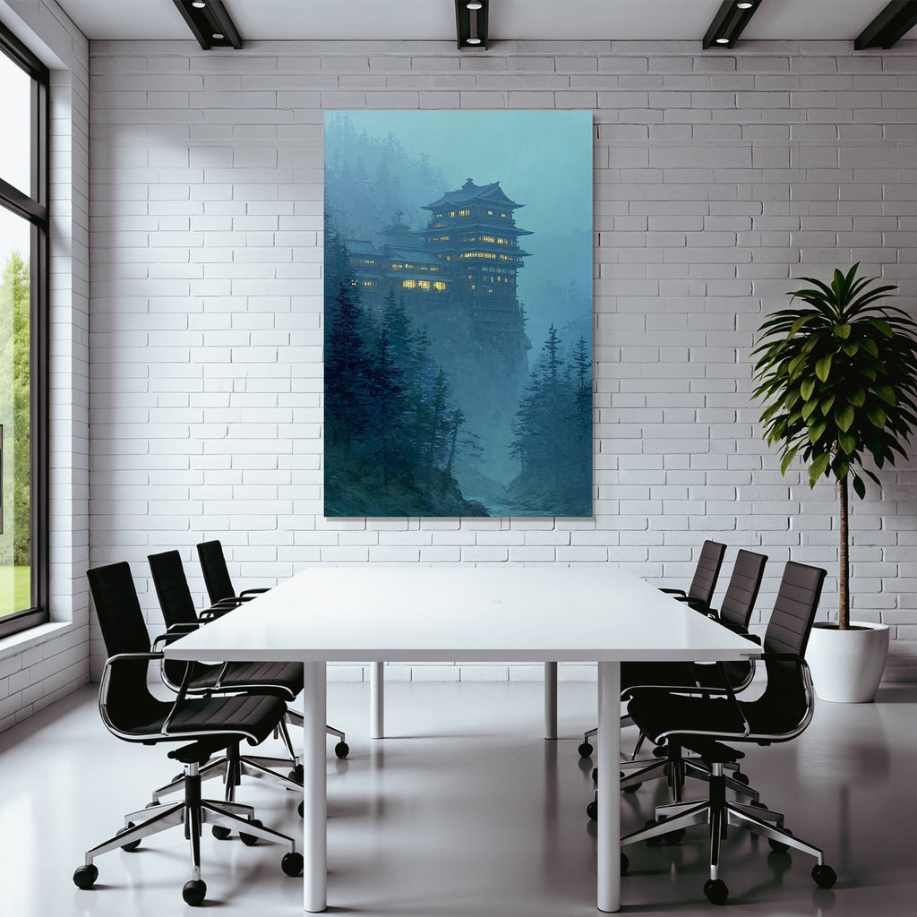 Mystische Bergklippe Mit Beleuchtetem Herrenhaus Und Nebelwald