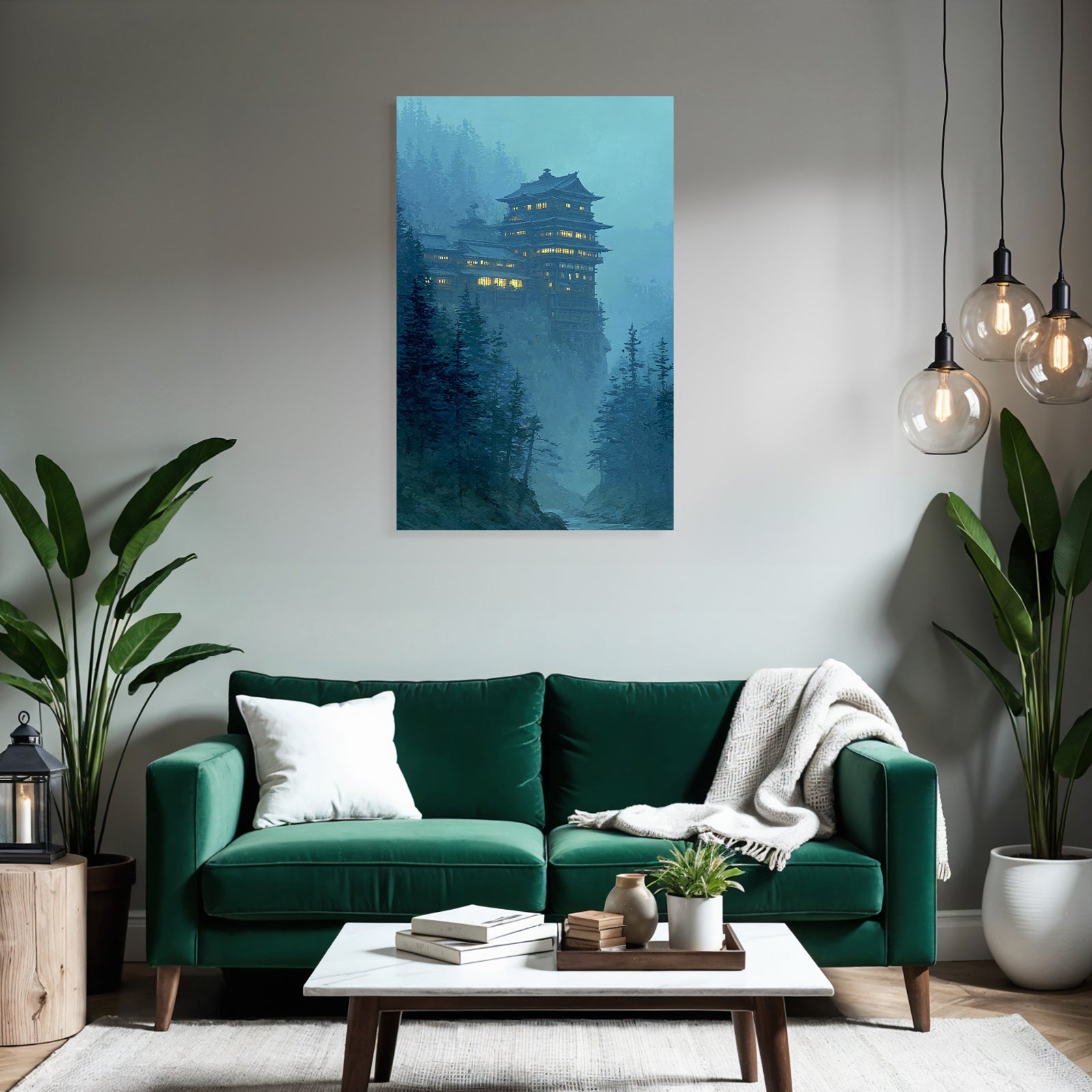 Mystische Bergklippe Mit Beleuchtetem Herrenhaus Und Nebelwald