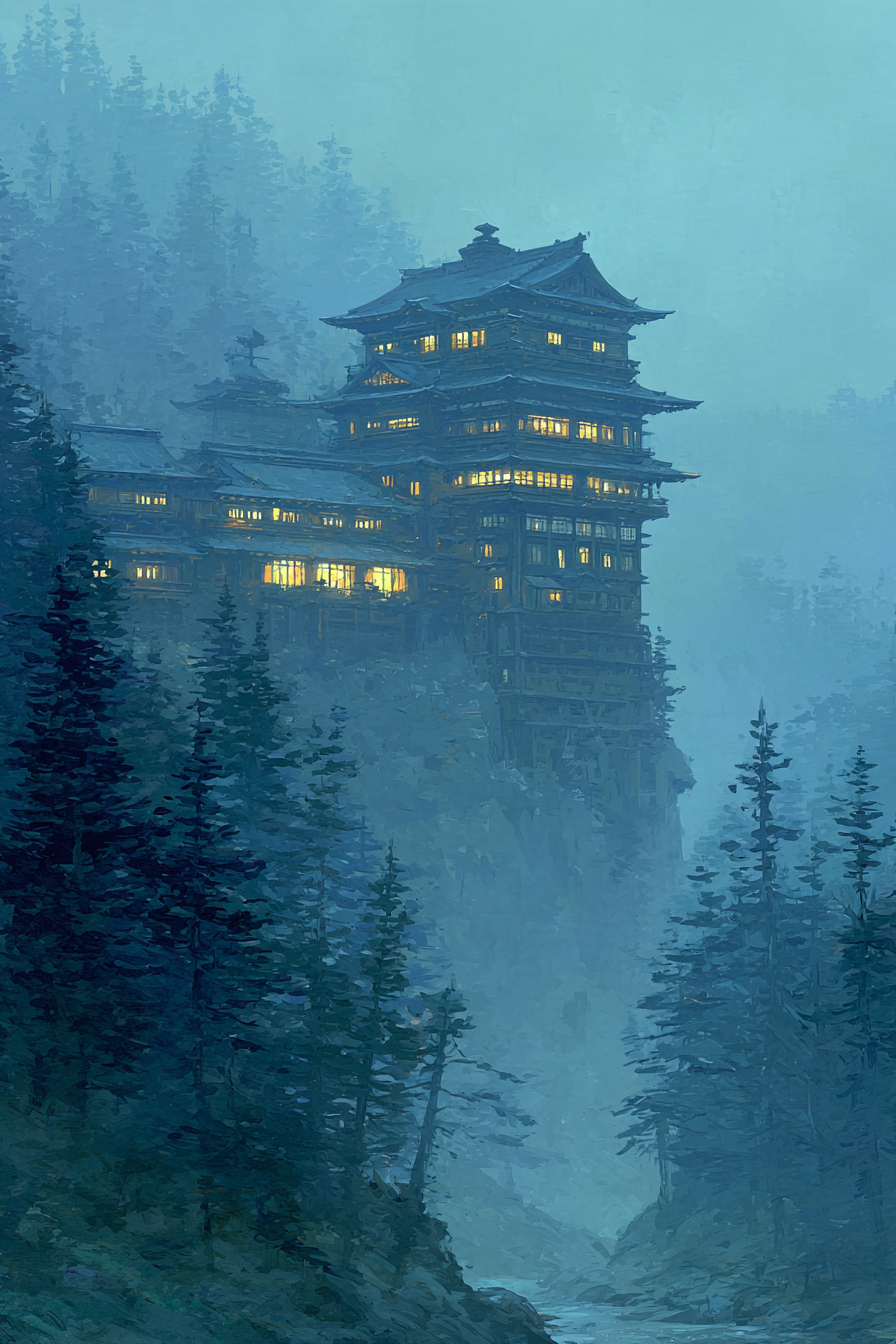 Mystische Bergklippe Mit Beleuchtetem Herrenhaus Und Nebelwald | Asien | Laender und Reisen