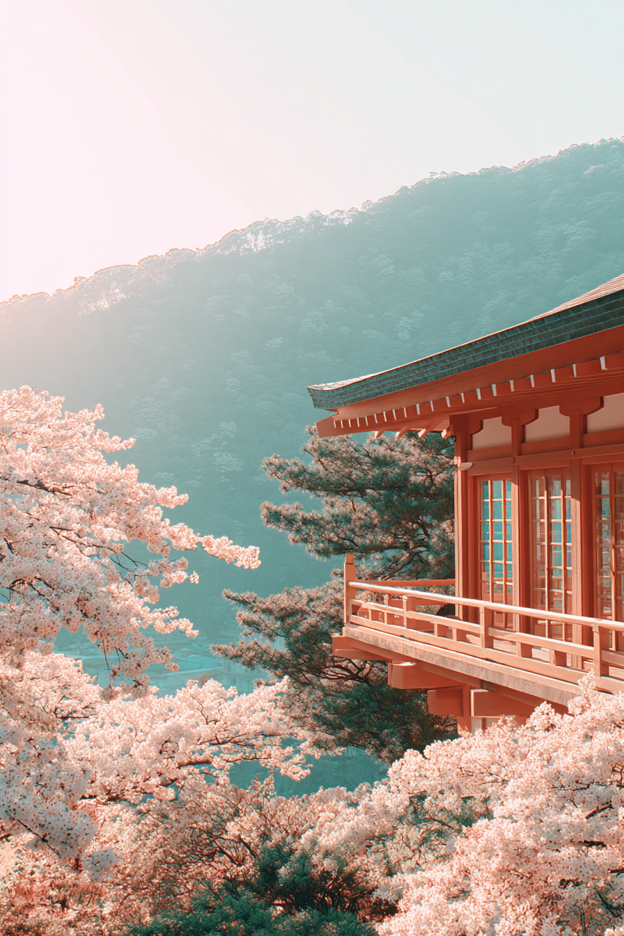 Pagode Mit Kirschblüten Im Bergpanorama Bei Dämmerung | Asien | Laender und Reisen