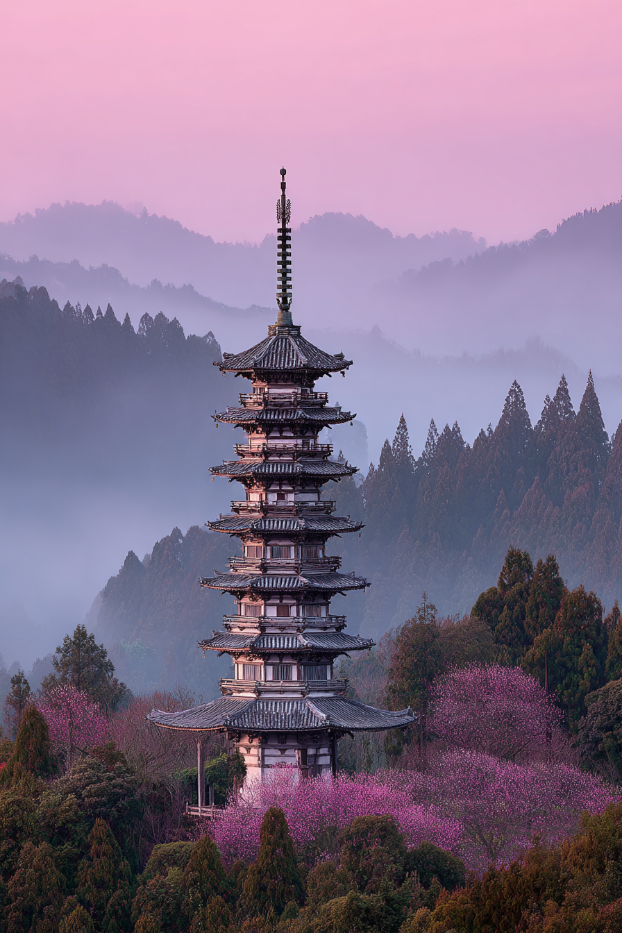 Pagode Nebelberge Kirschblüten Rosarot Himmel | Asien | Laender und Reisen