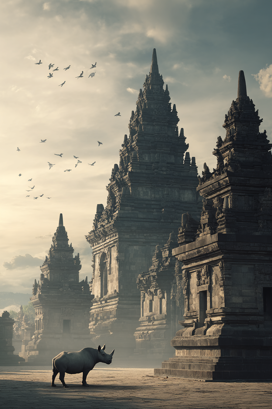Ruhige Landschaft Mit Einer Alten Steinernen Tempelanlage Und Einem Nashorn Bei Weichem Licht | Asien | Laender und Reisen