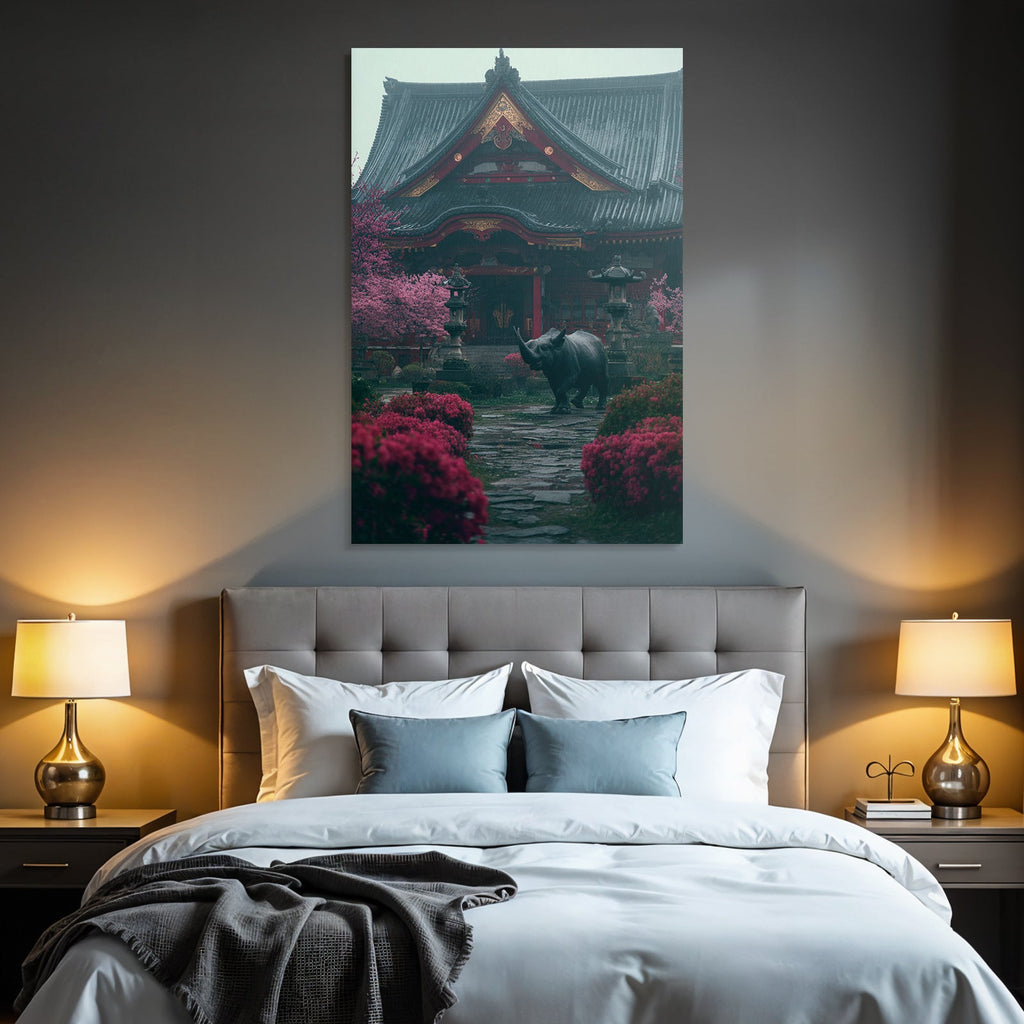 Ruhige Szene Mit Tempel Blumen Und Nashorn Im Regen