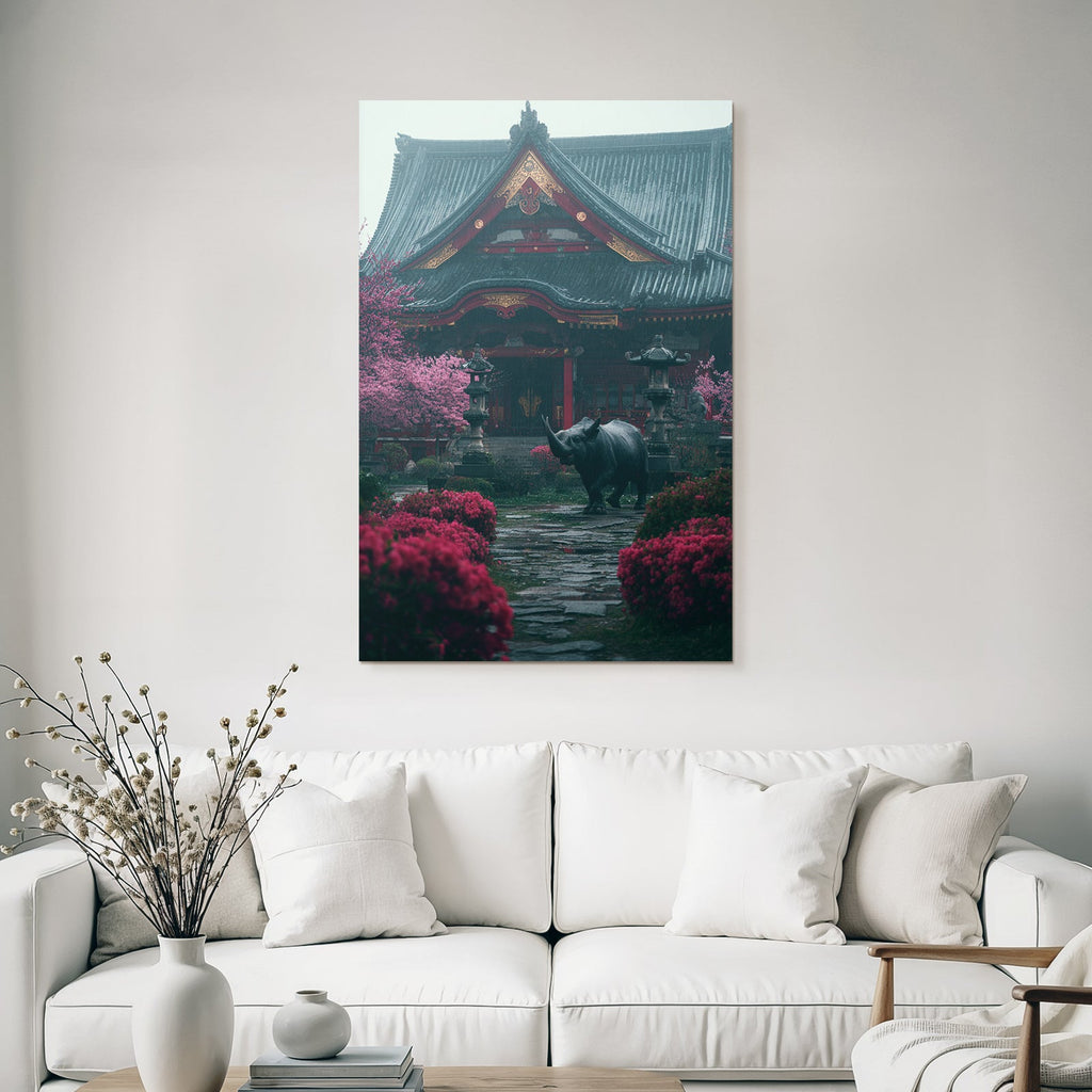 Ruhige Szene Mit Tempel Blumen Und Nashorn Im Regen