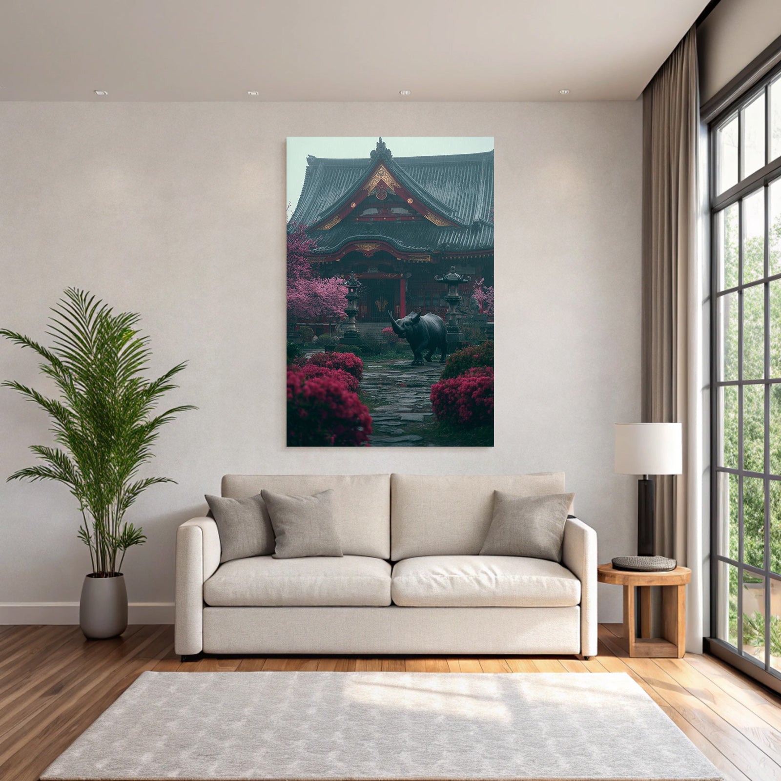 Ruhige Szene Mit Tempel Blumen Und Nashorn Im Regen