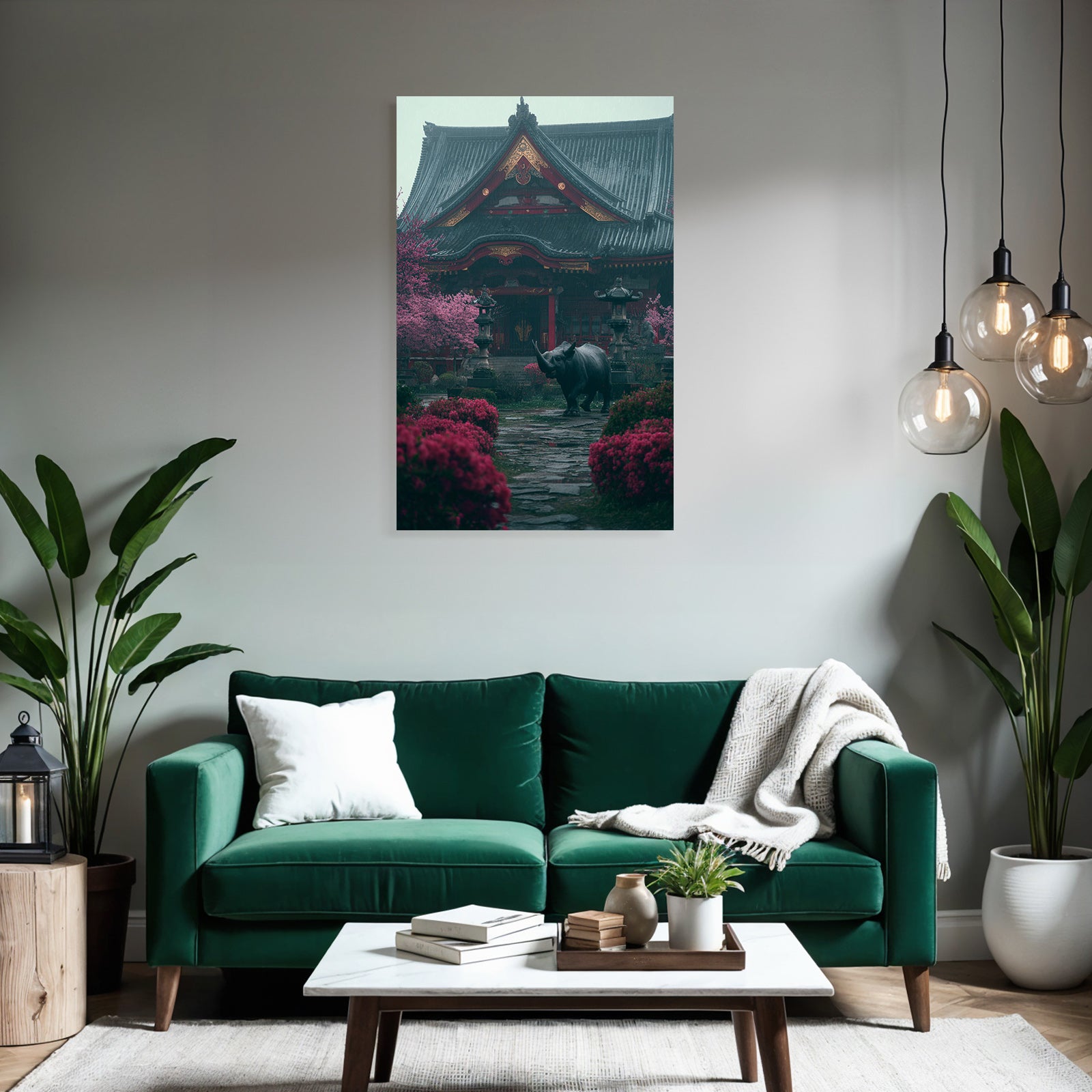 Ruhige Szene Mit Tempel Blumen Und Nashorn Im Regen