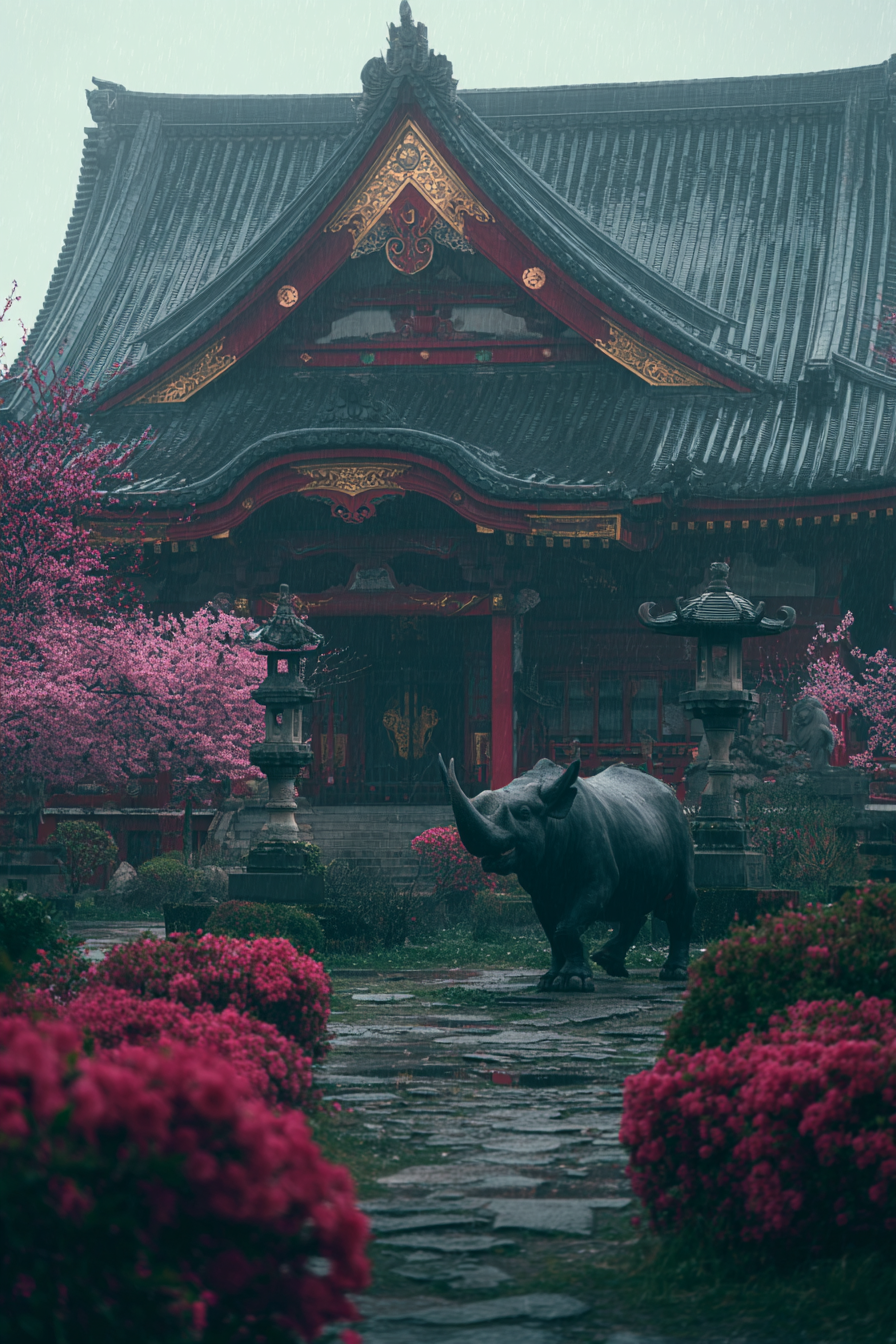 Ruhige Szene Mit Tempel Blumen Und Nashorn Im Regen | Asien | Laender und Reisen