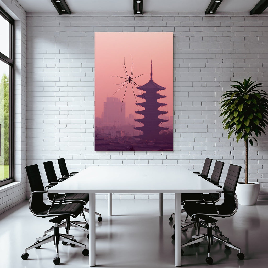 Spinnensilhoütte Vor Pagodenbauwerk Im Pastellrosa Himmel