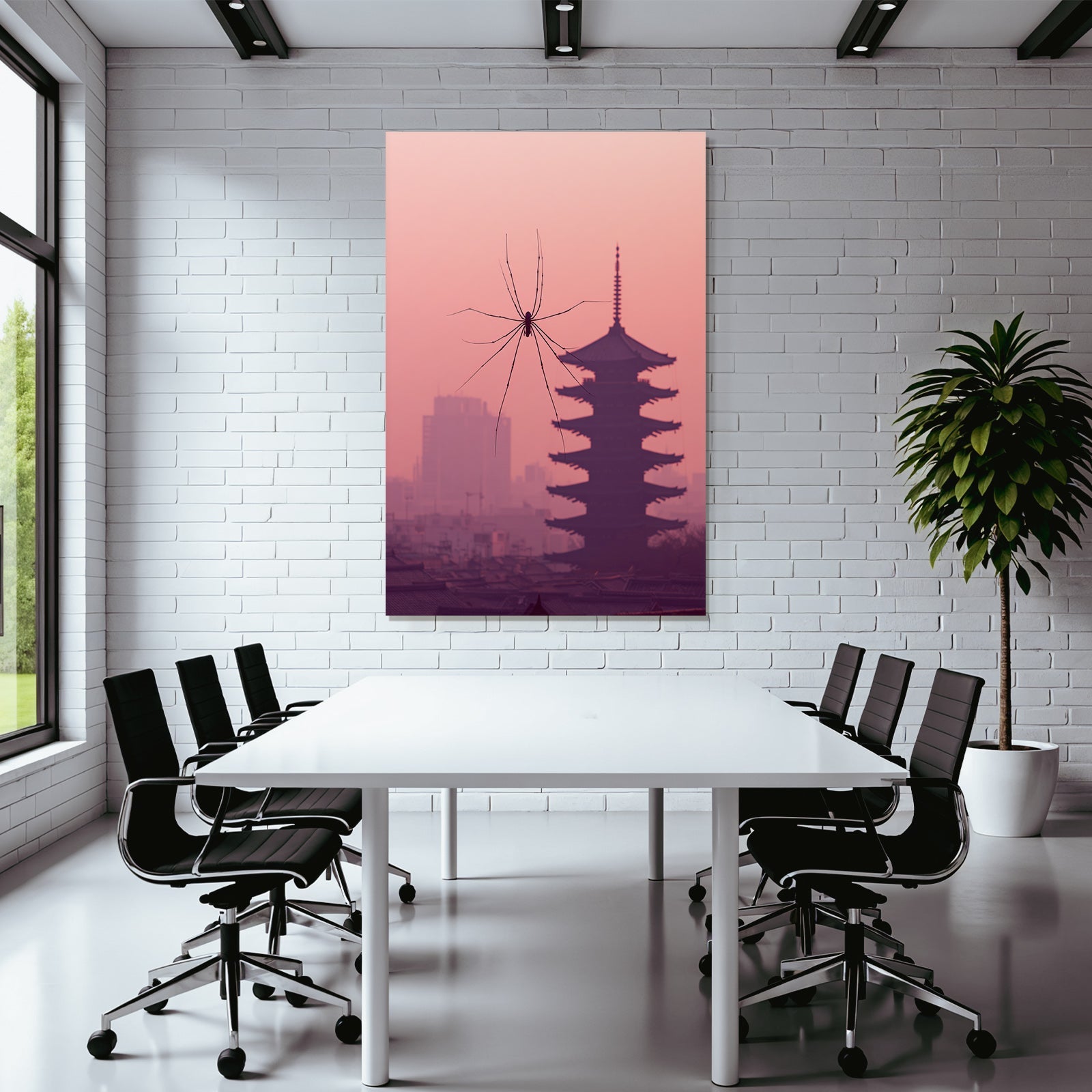 Spinnensilhoütte Vor Pagodenbauwerk Im Pastellrosa Himmel