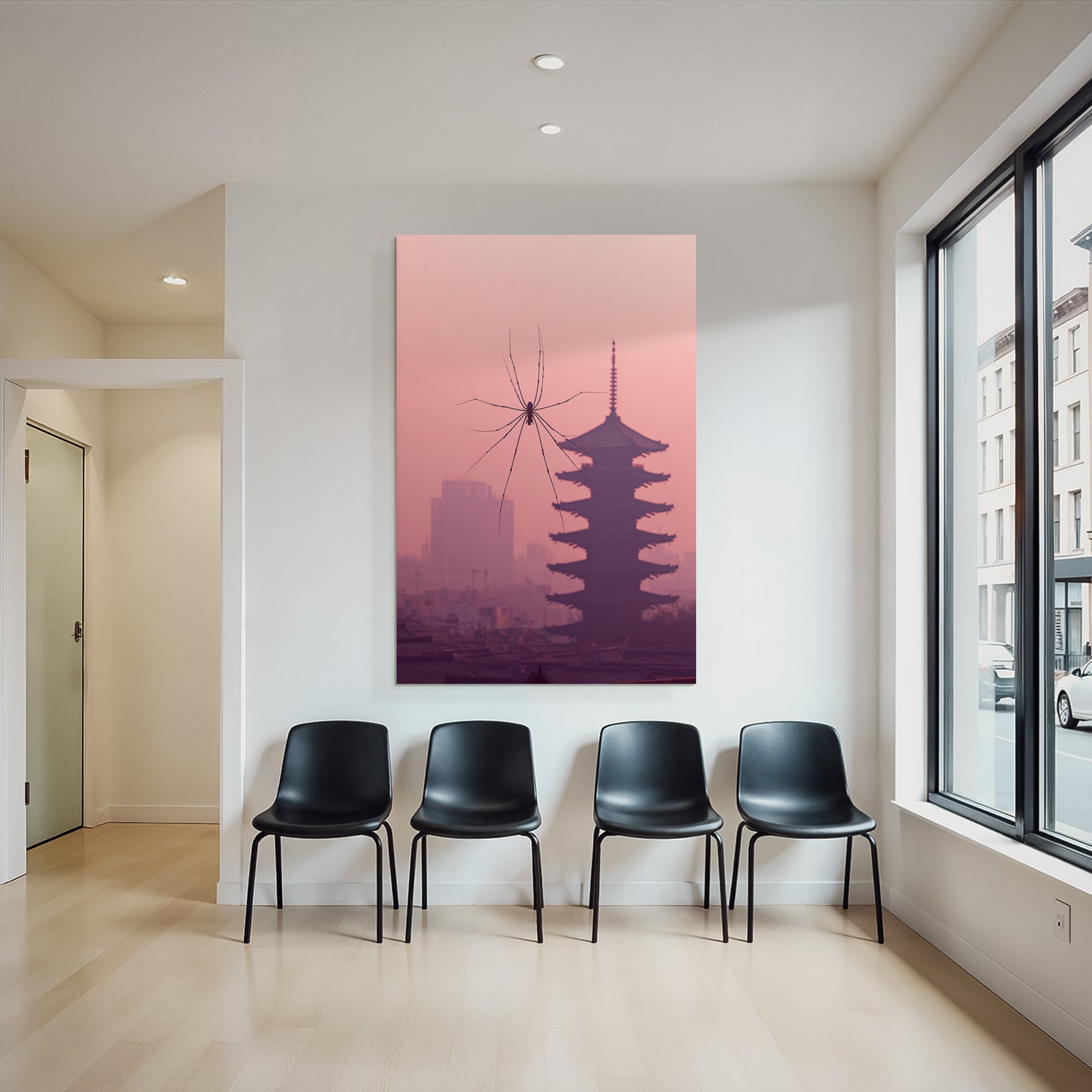 Spinnensilhoütte Vor Pagodenbauwerk Im Pastellrosa Himmel