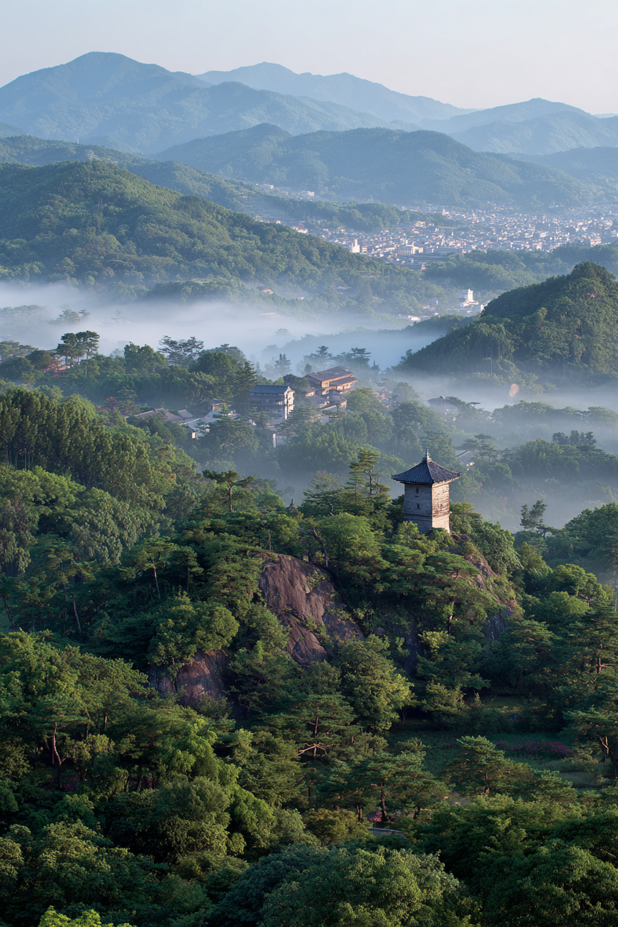 Steinerner Turm Im Morgendunst Umgeben Von Grünen Bergen | Asien | Laender und Reisen