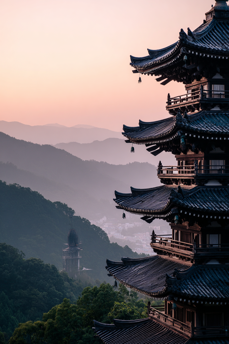 Traditionelle Pagode In Berglandschaft Bei Sonnenuntergang | Asien | Laender und Reisen