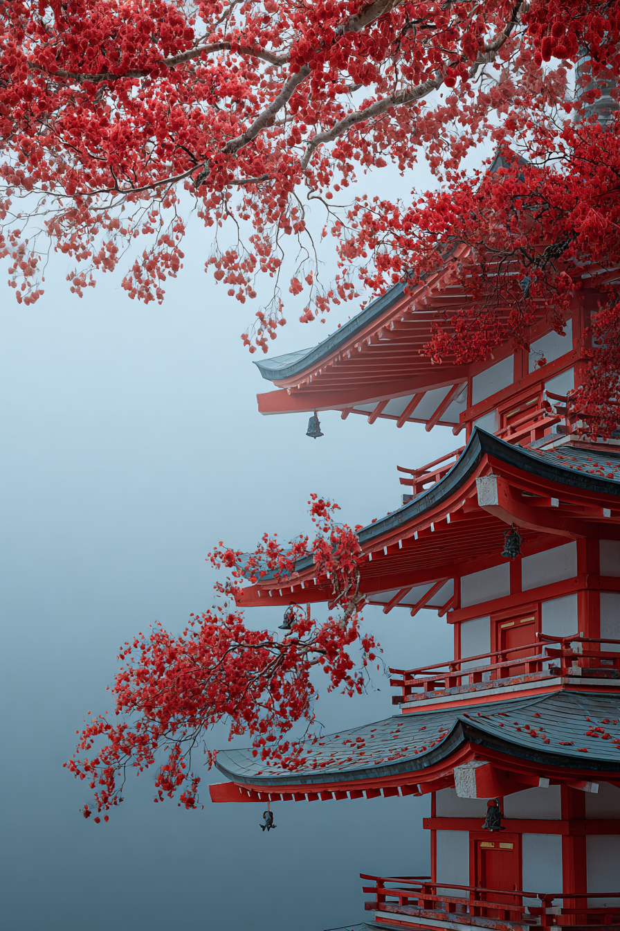 Traditionelle Pagode Umgeben Von Rotem Herbstlaub Im Nebel | Asien | Laender und Reisen