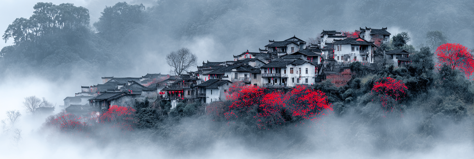 Bergdorf Im Nebel Mit Rotem Laub | Asien | Laender und Reisen