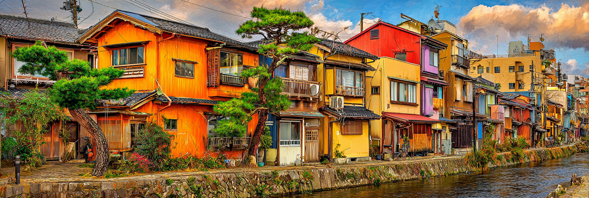 Farbenfrohe Traditionelle Häuser Am Kanal Japanischer Architektur | Asien | Laender und Reisen