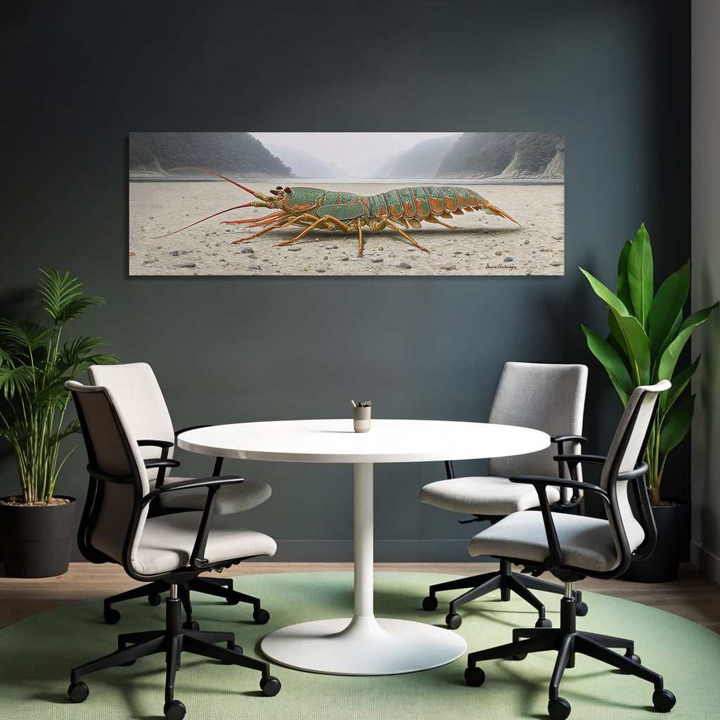 Farbenprächtiger Hummer In Surrealer Landschaft Mit Bergen Und Fluss