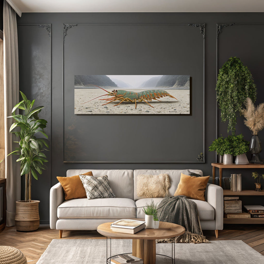 Farbenprächtiger Hummer In Surrealer Landschaft Mit Bergen Und Fluss