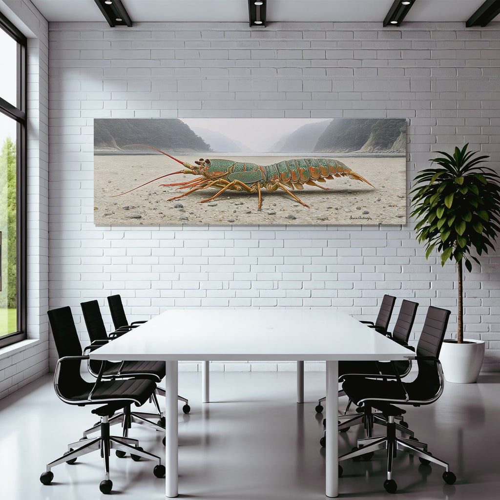 Farbenprächtiger Hummer In Surrealer Landschaft Mit Bergen Und Fluss