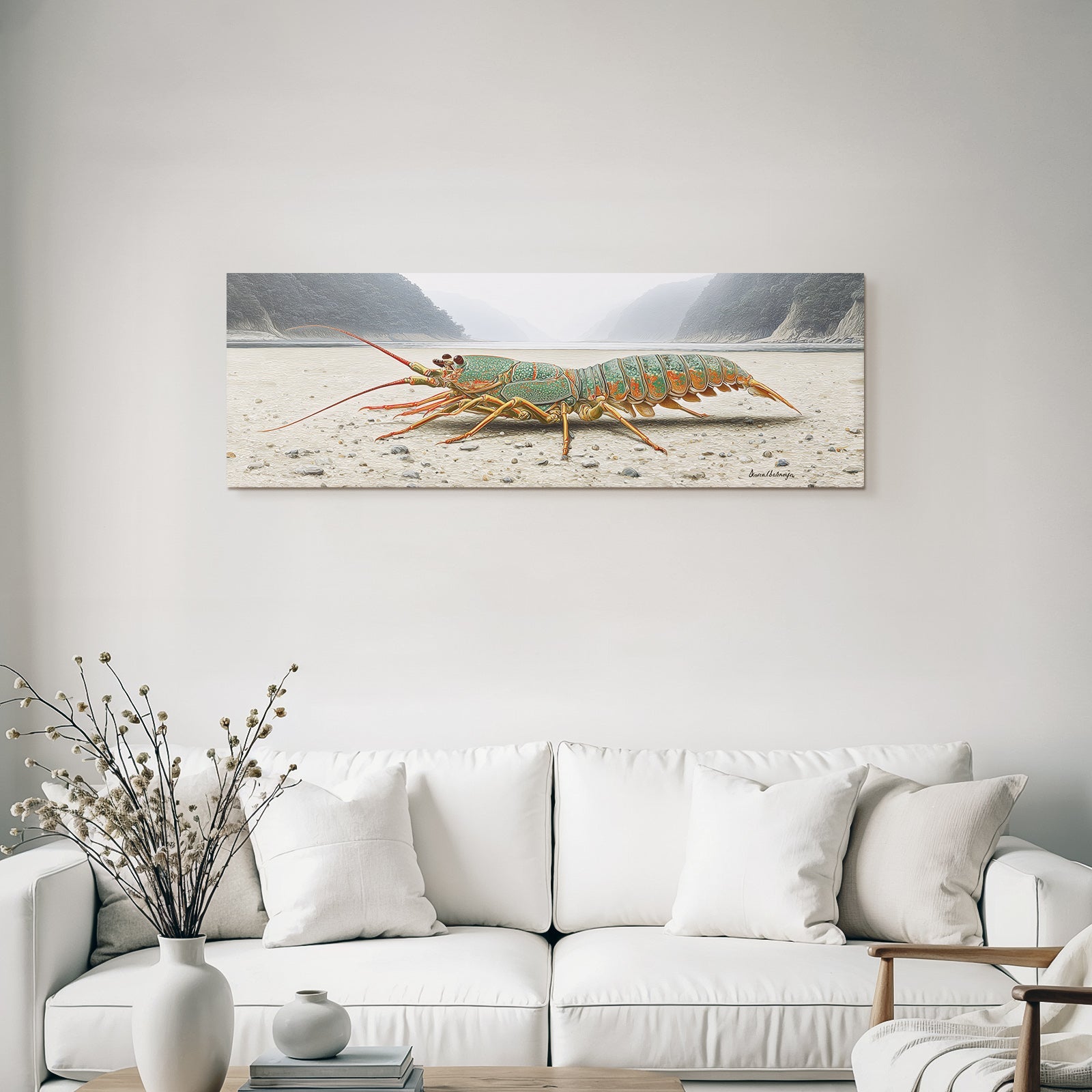 Farbenprächtiger Hummer In Surrealer Landschaft Mit Bergen Und Fluss