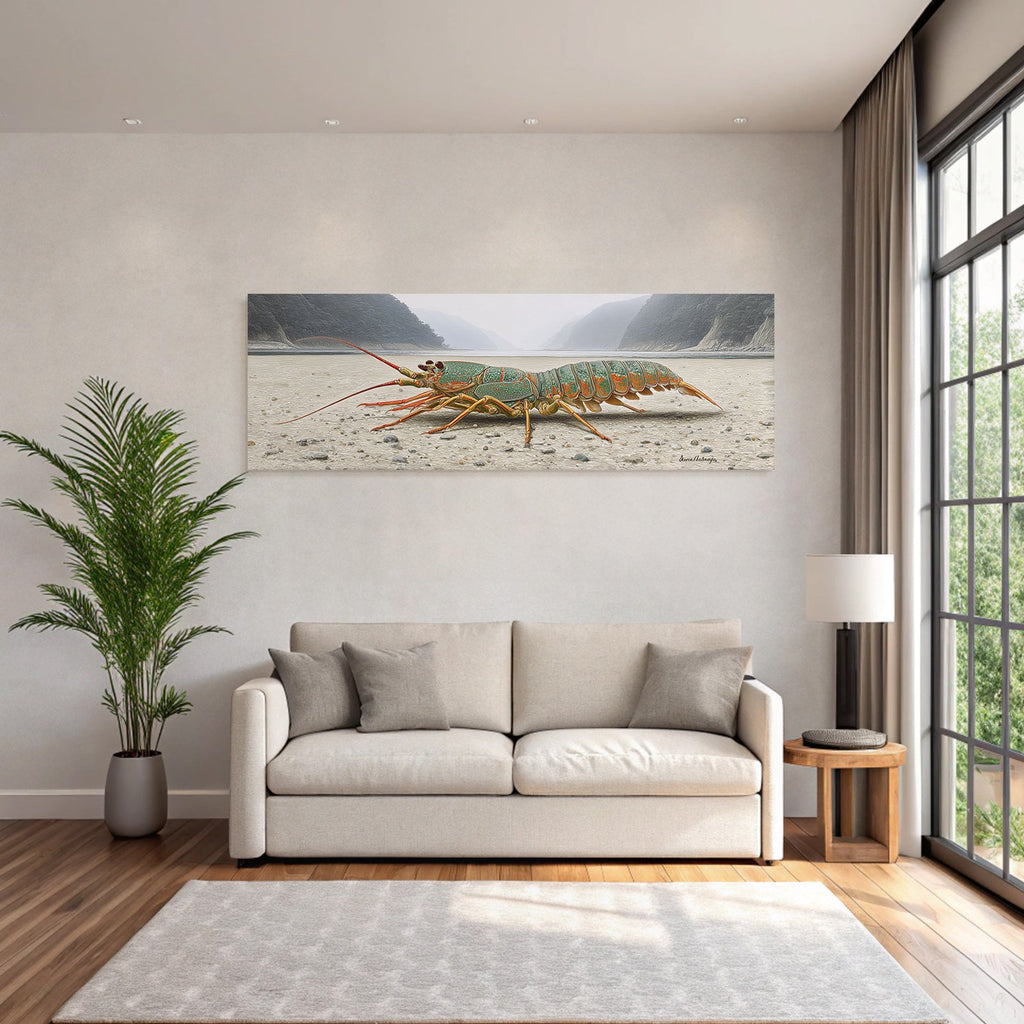 Farbenprächtiger Hummer In Surrealer Landschaft Mit Bergen Und Fluss