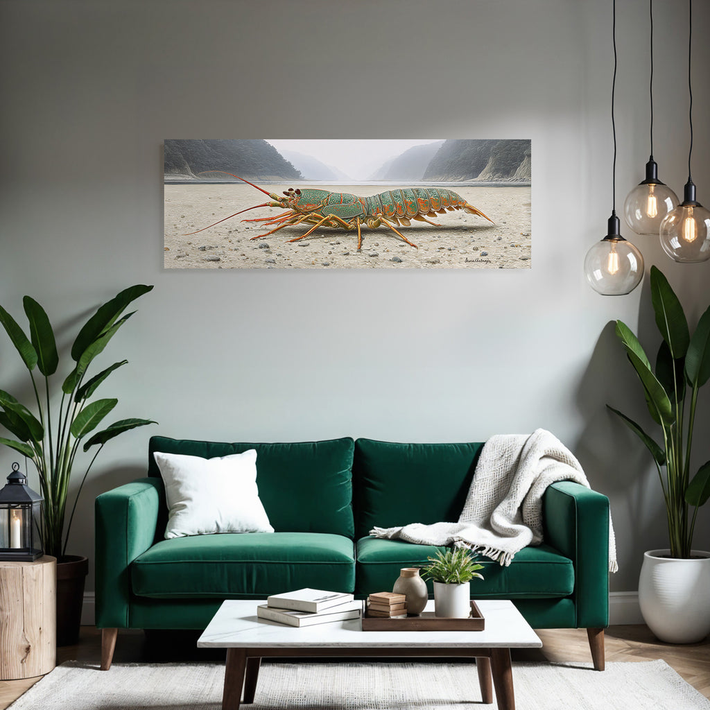 Farbenprächtiger Hummer In Surrealer Landschaft Mit Bergen Und Fluss