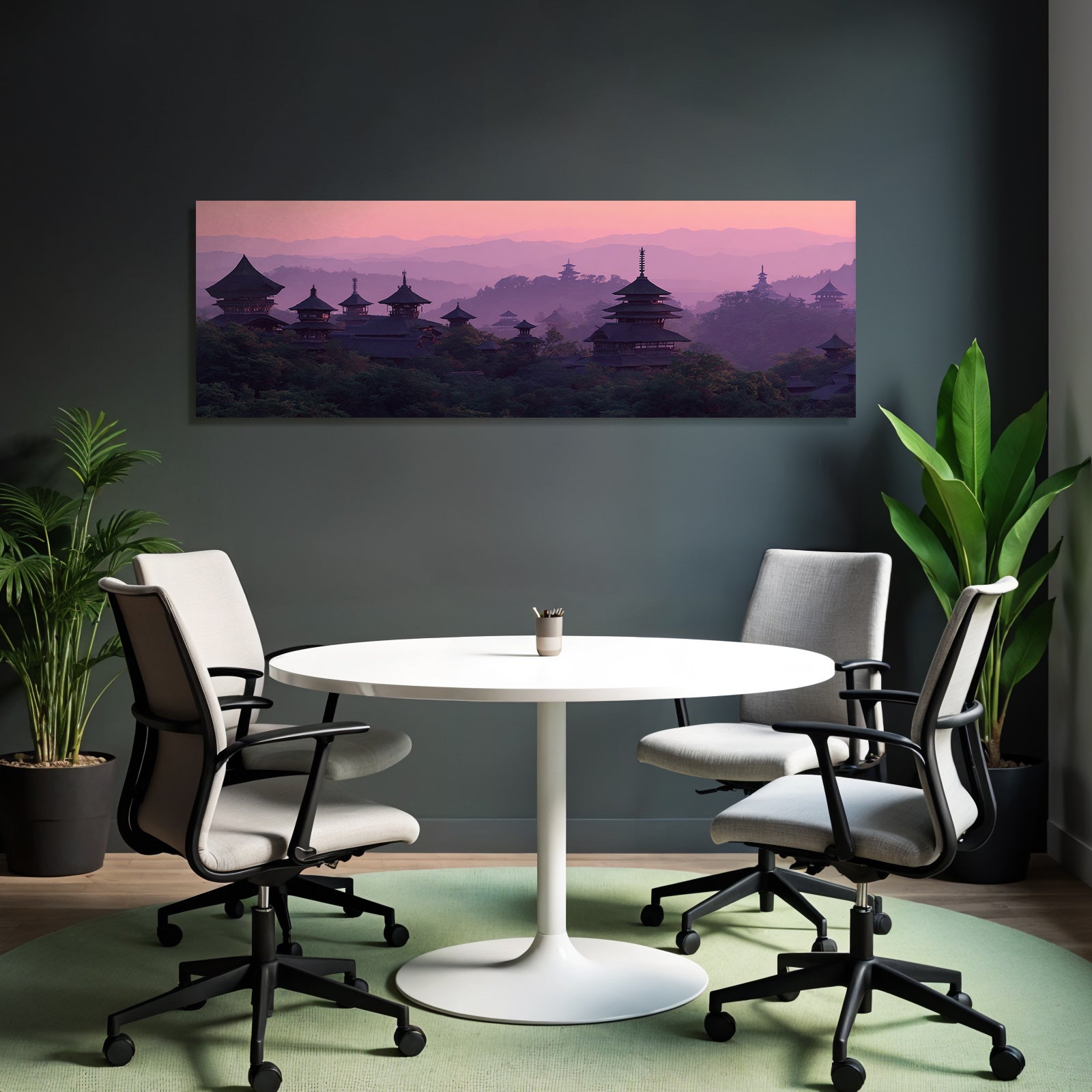 Friedliche Landschaft Mit Holzpavillons Im Sonnenaufgang